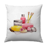 Spa Day Pillow, Watercolor Cosmetics Pillow, Self Care Decor, Bathroom Pillow, Beauty Products Art, Salon Decor Pillow, Gift For Her - Tawshia